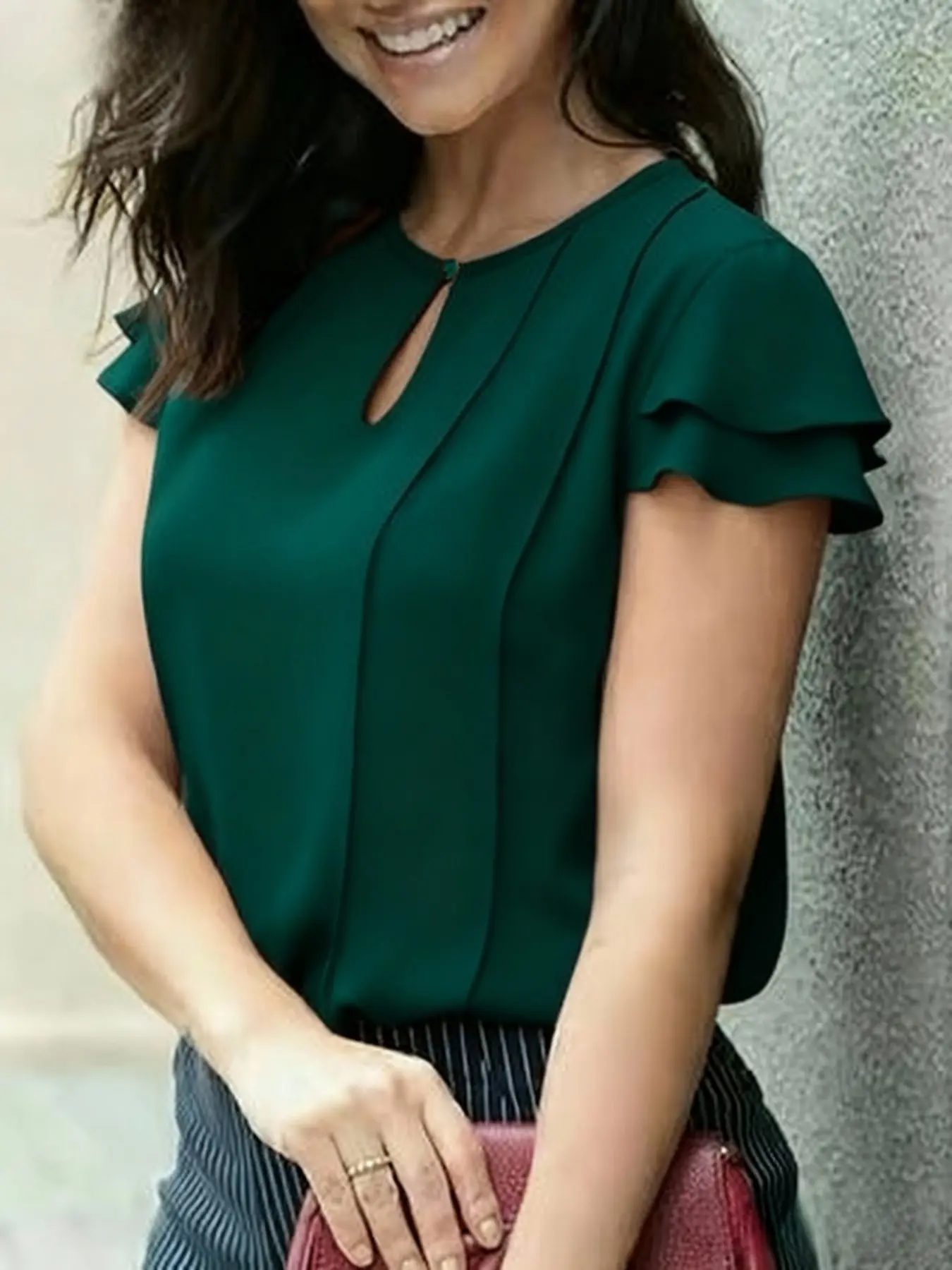 Spring Summer Women's Casual Feminine Elegant Ruffled Short Sleeve Basic Solid Blouse Top, Fashion Commute Comfortable Leisure Wear, Stylish Daily Shirts