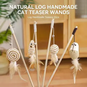 Handcrafted Natural Wood Cat Teaser Wand Toy with Durable Jute Rope Mouse, Real Feathers and Jingle Bell - Interactive Log Teasing Stick for Indoor Cats, Kittens, Exercise and Hunting Play
