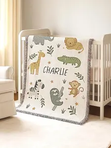 Safari Baby Blanket with Name, Woven Cotton or Fleece Blanket, Jungle Animals Newborn Blanket, Keepsake Heirloom Gift