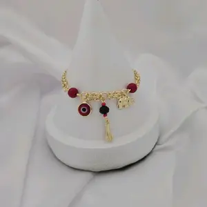 Pulso 017 Unisex Gold Plated Bracelet with Red Beads and Evil Eye Charm for Protection