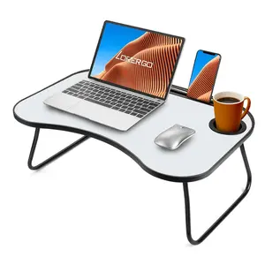 Portable Laptop Desk for Bed and Couch, 26.5 x 18.5 Inches Foldable Lap Desk with Cup Holder, Smooth Wood Bed Tray Table for Adults and Kids, Grey and White Matte