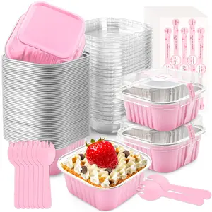50-Pack Mini Cake Pans with Lids and Spoons, Aluminum Foil Square Cupcake Liners, Brownie Baking Cups, Disposable Heat-Resistant Baking Pans