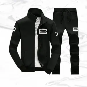 A stand collar sports set, featuring a trendy casual style with a stand collar, adding a touch of leisurely coolness. Letter patches enhance the fashion factor. Black is stylish and versatile. Smooth zippers create an overall sleek look. Comfortable and s