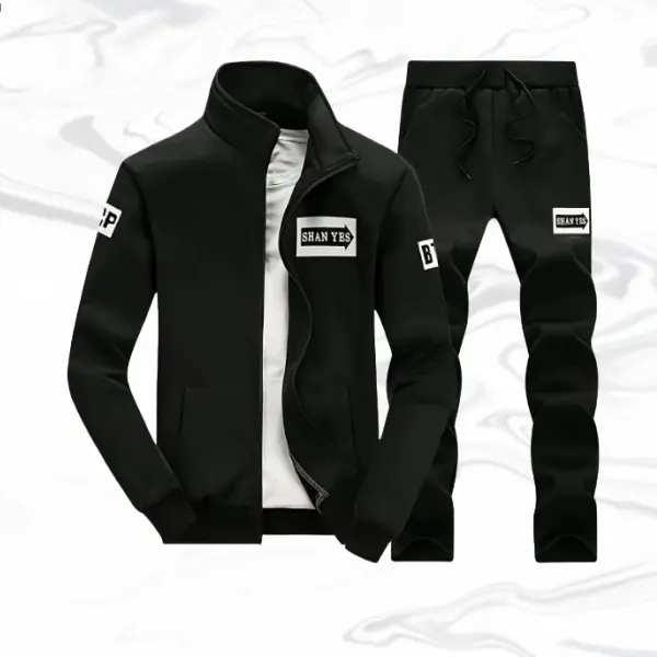 Men's Stand Collar Solid Streetwear Sportswear Tracksuit Set Trendy Casual Style, Letter Patches, Smooth Zippers, Comfortable Fit, Sleek Black, Father's Day Gift, Solid Tracksuit Set, Streetwear Tracksuit Set