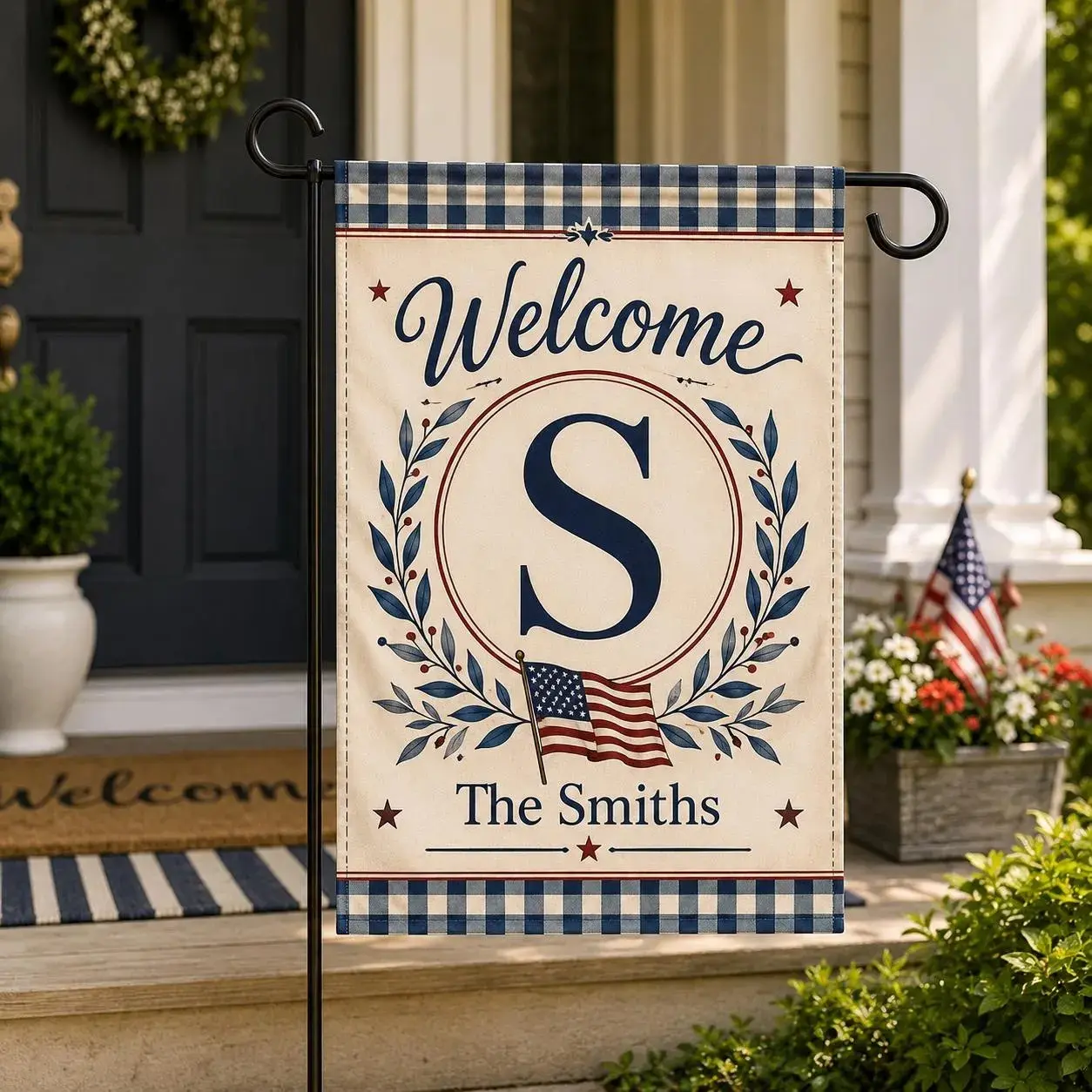 Welcome Garden Flag, Monogram Yard Banner, Personalized Family Name Sign, Patriotic Porch Decor, Buffalo Plaid Border, Custom Outdoor Flag, Home Decor