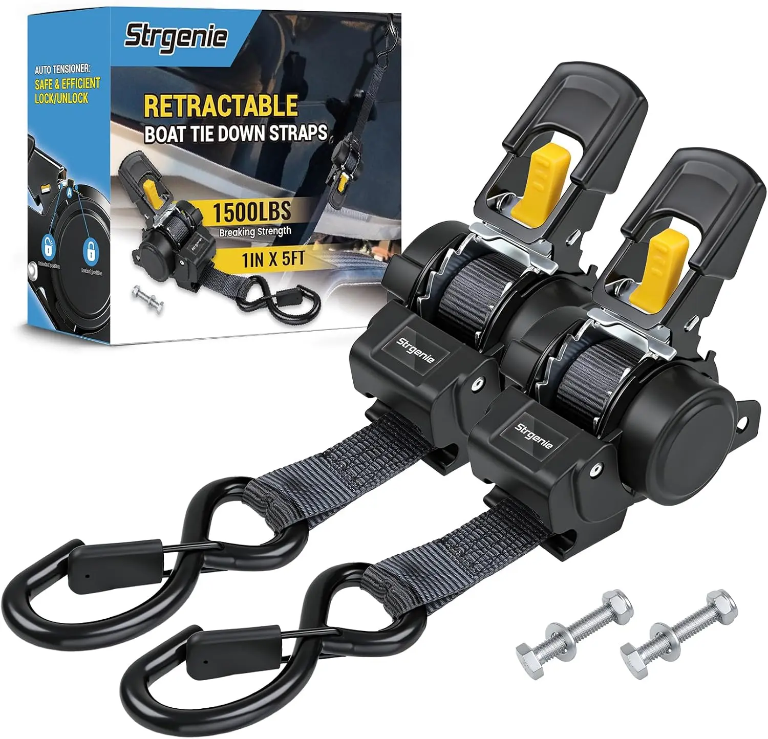 1x5ft Size Bolt-On Auto Retractable Ratchet Tie Down Straps - Mountable Transom Straps with Fastening, Outdoor Gear for Boat Hauling, ATV Trailer Transport