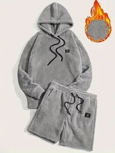 Men's Grey Drawstring Knit Hoodie & Pocket Shorts Plush Set, Regular Fit Casual Long Sleeve Hooded Sweatshirt & Shorts, Men's Fall & Winter Clothes