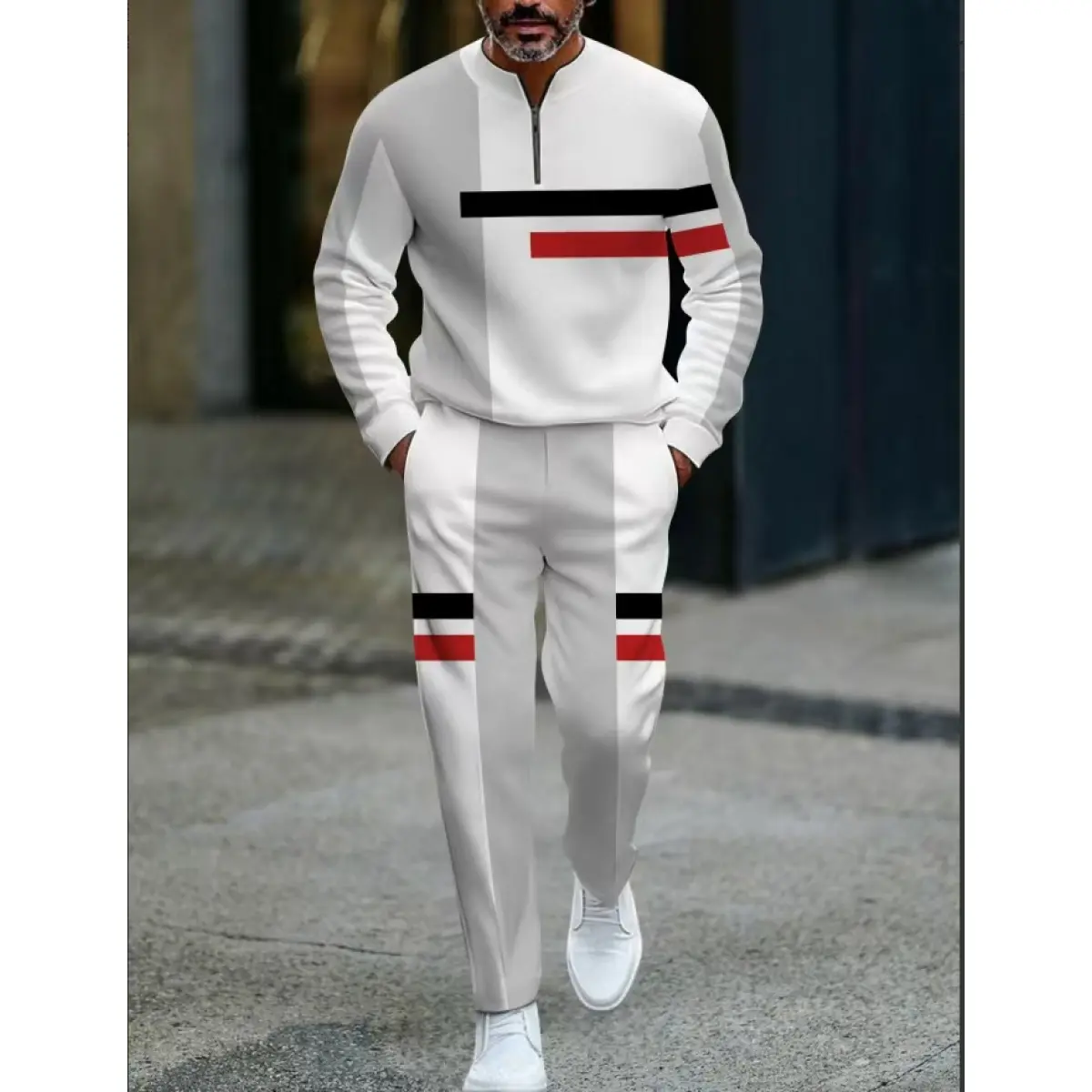 European and American two-piece men's white sports suit |   Geometric stripe design, semi open collar |   High quality polyester fiber fabric, wrinkle resistant and easy to maintain |   Fitness trend, suitable for sports and leisure style Streetwear Track
