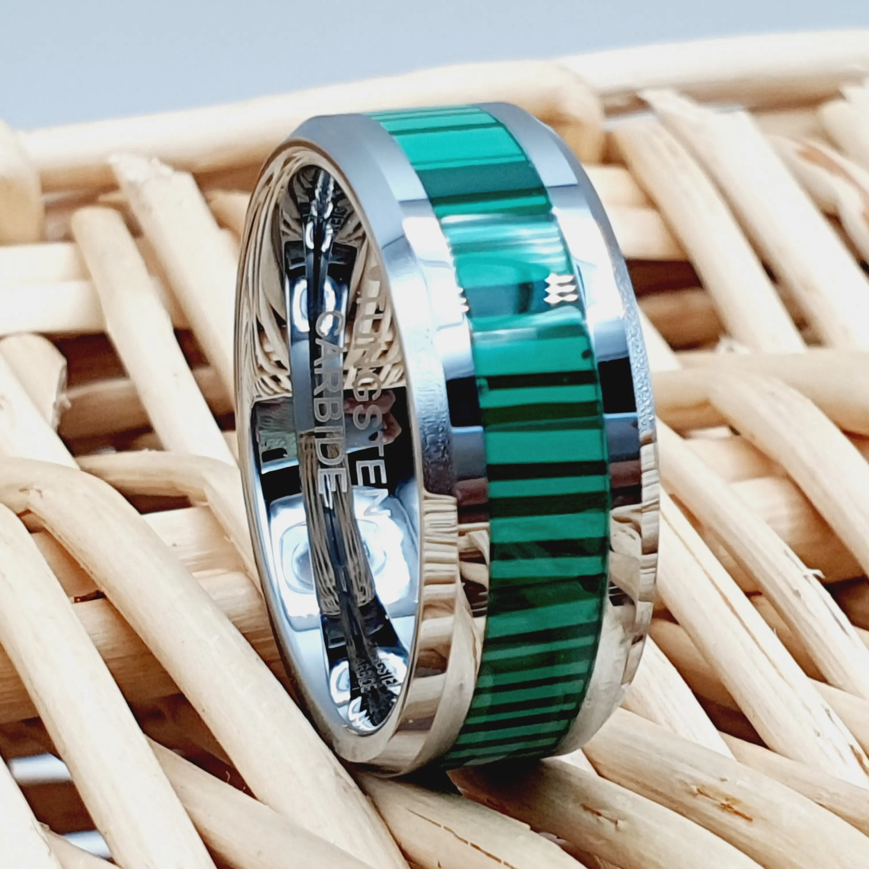 Mens Engagement Ring with Malachite Strips Inlay Tungsten Wedding Ring - Anniversary Gift for Him or Her