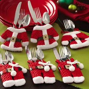 Christmas Themed Cutlery Holder, 6 Counts Cute Santa Claus Coat & Pants Design Cutlery Storage Bag, Tableware Holder for Home Kitchen Dining Room