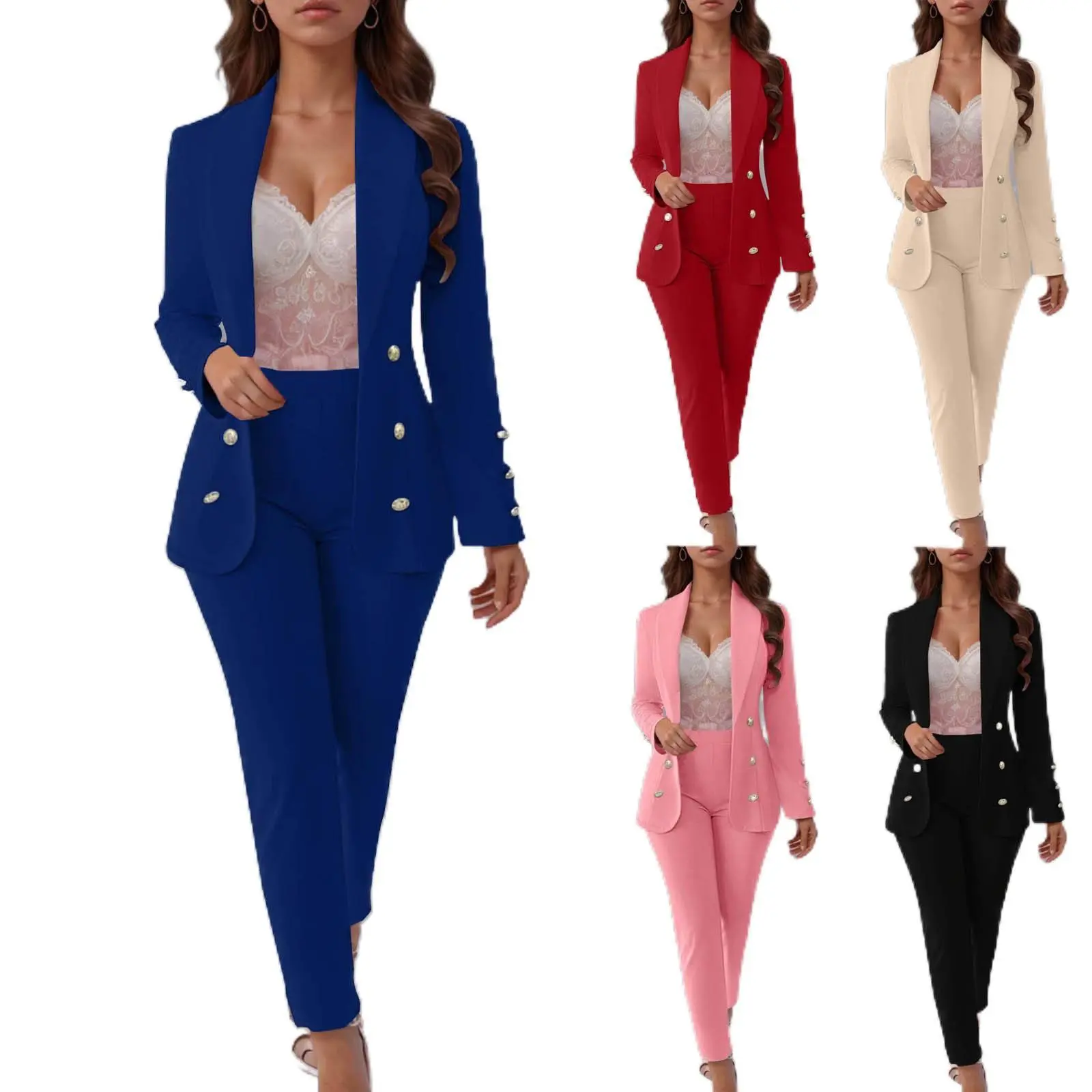 Women's 2-Piece Comfortable Fitted Workwear Suit - Long Sleeve Solid Color Button-Front Collared Blazer, Straight-Leg Pants, Polyester-Spandex Fabric for Office/Interview (Green, Teal) Casual Everyday Light, Elegant, Two-Piece Suit Pants