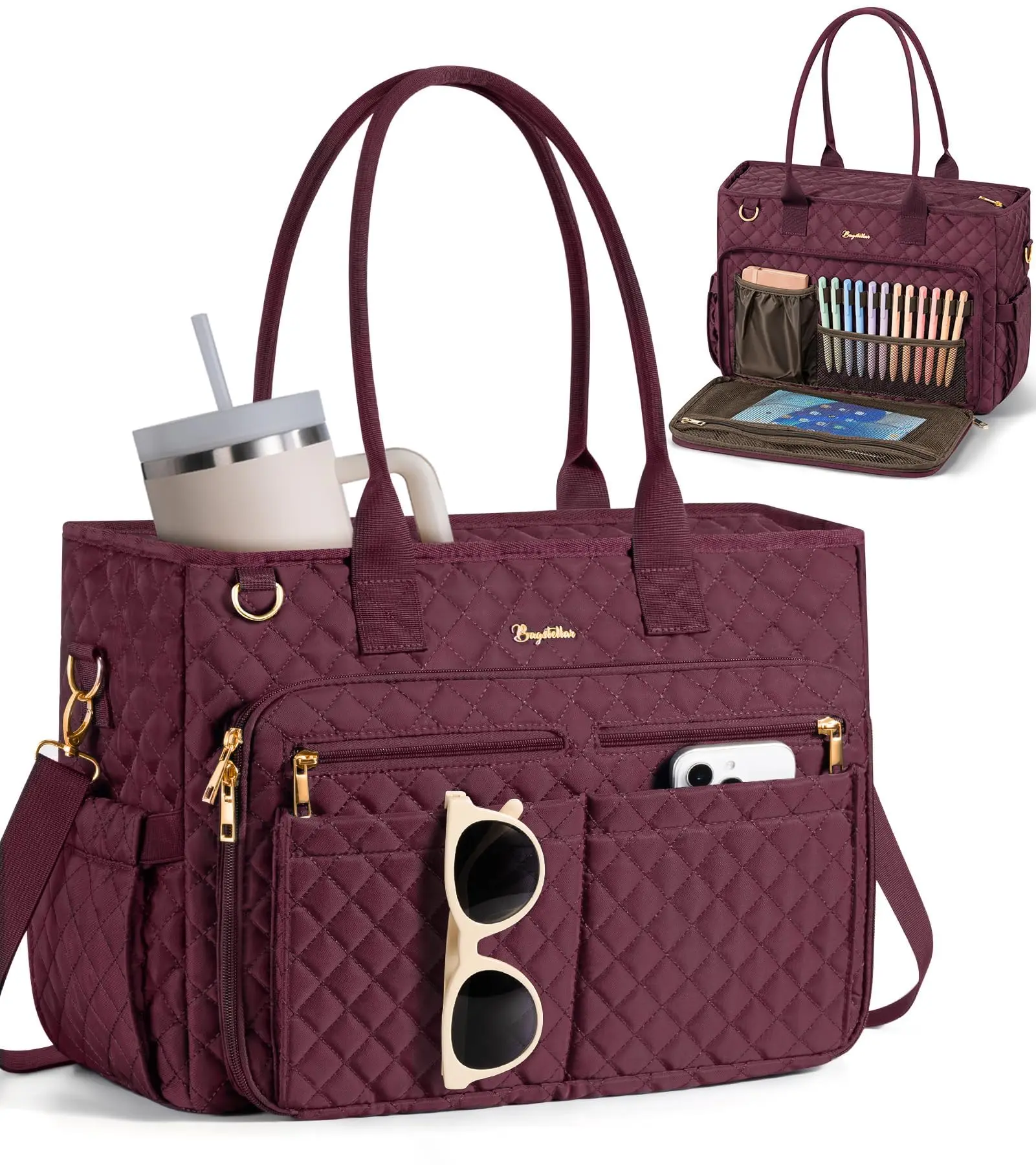 (LIVE ONLY)Bagstellar Teacher Tote Bag for Women,15.6 inch Laptop Work Tote Bags Nurse Bible with Large Cup Holder&Insulated Pocket, Waterproof Quilted Utility,Multiple Pockets,Shoulder Crossbody Organiser for Daily,Travel,School College