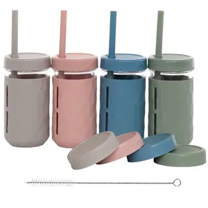 WeeSprout Glass Cups with Lids & Straws, Spill-Resistant Cups for Toddlers & Kids, Set of 4
