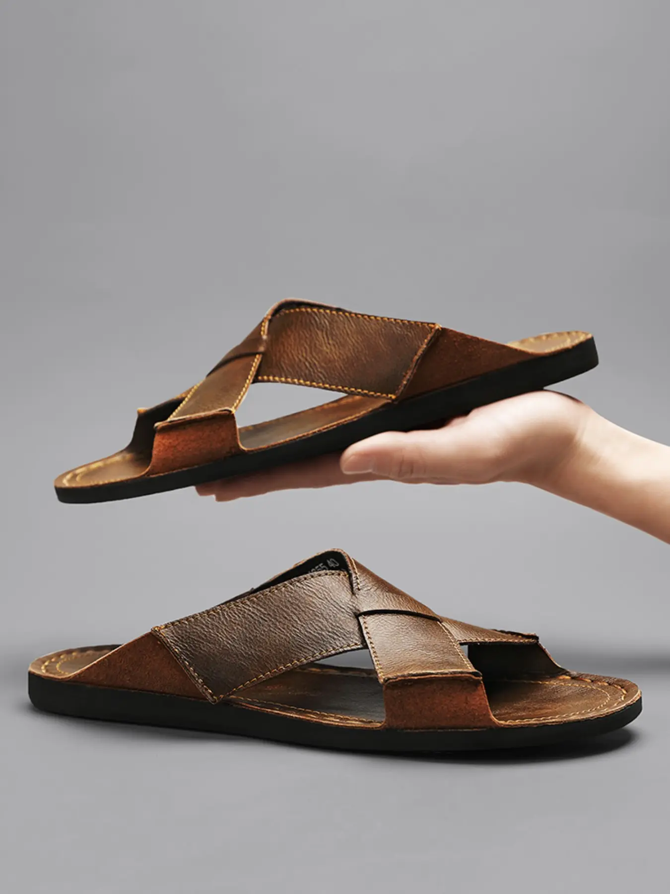 Men's Summer Leather Slip-On Two Strap Sandals, Handmade Casual Half-Open Toe Slippers, Large Size Flat Shoes for Outdoor Wear, Strap Slides, Outdoor Leisure Footwear