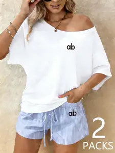 Women's Casual Loose Fit One Shoulder Top & Striped Shorts Set, Fashionable Summer Clothing Set for Outdoor, Shopping, Party, Trendy Wear Womenswear
