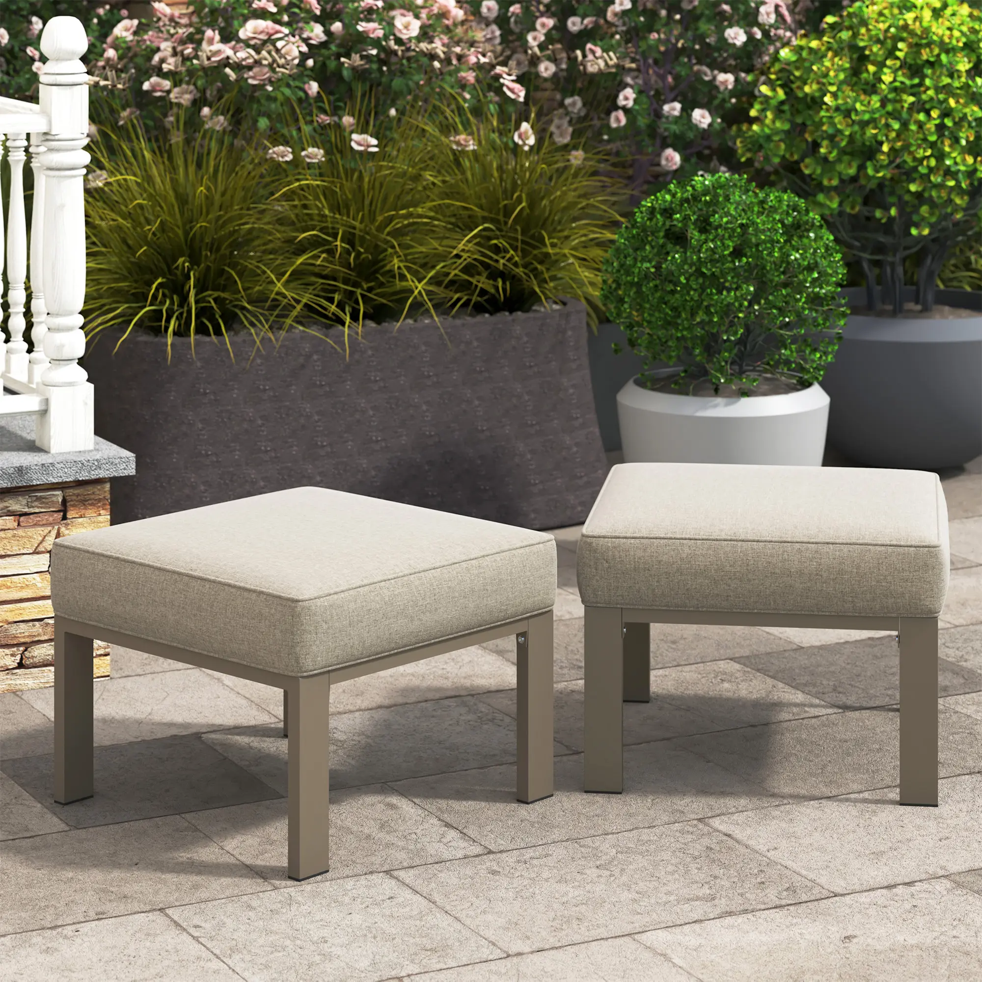RoyalCraft Patio Furniture Footstools Metal Ottomans Set of 2, Metal Outdoor Ottomans with Upgraded Cushions, All-weather Outdoor Footrest Seat for Balcony, Garden, Deck, Backyard, Beige/Dark Grey/Light Grey