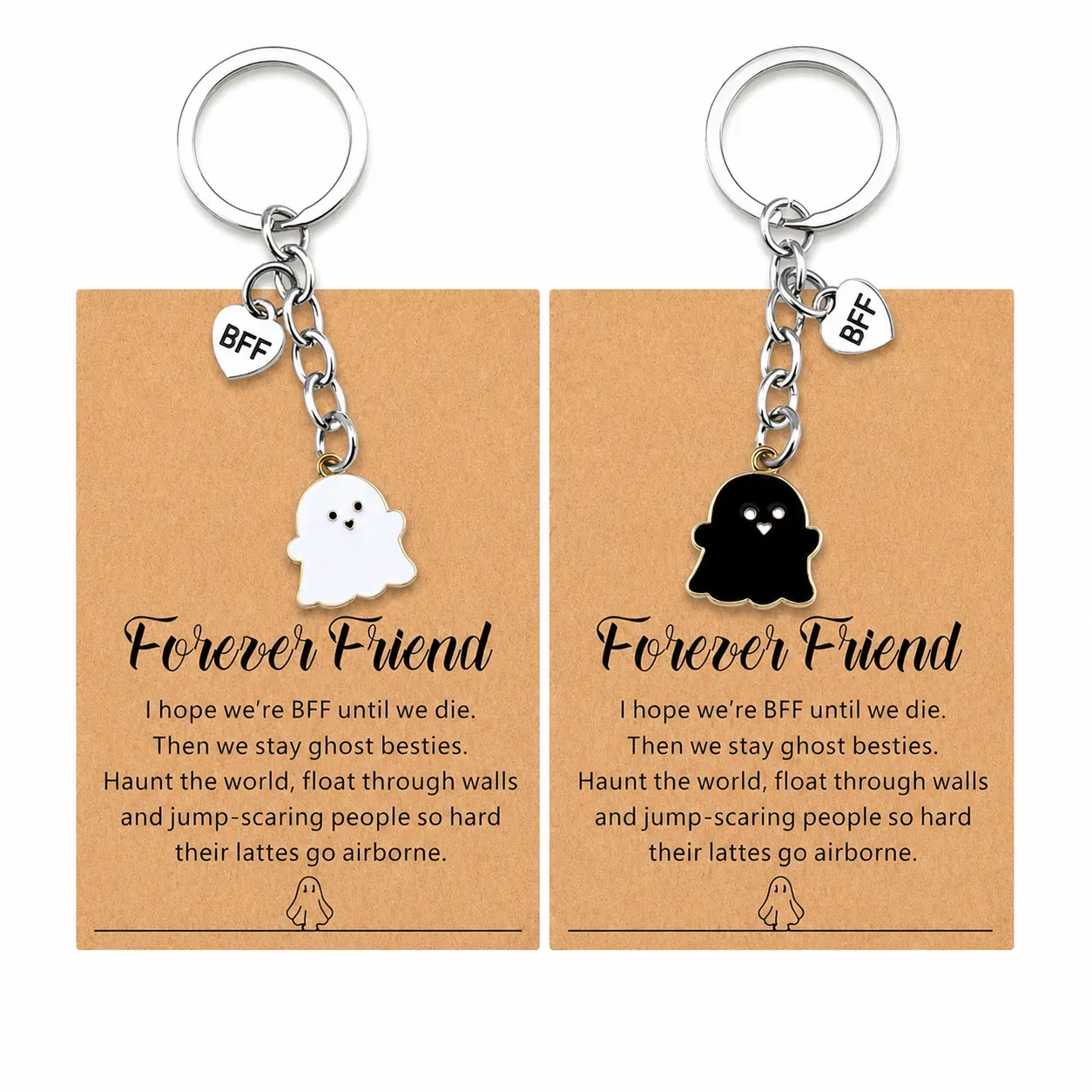 2PCS Cute Ghost Best Friend Keychain Set with Friendship Cards, BFF Heart Charm or Puzzle Heart Matching Keychains for 2, Funny Halloween Gifts, Boo Basket Stuffers and Bestie Gifts for Women Teens