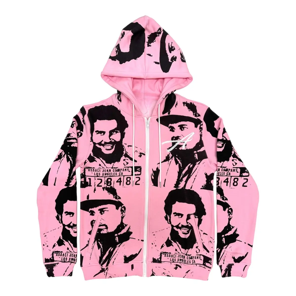 Asaa.li Retro Mugshot Print Hoodie, All Over Graphic Zip Jacket, Street Fashion Sweatshirt, Y2K Clothing Gift