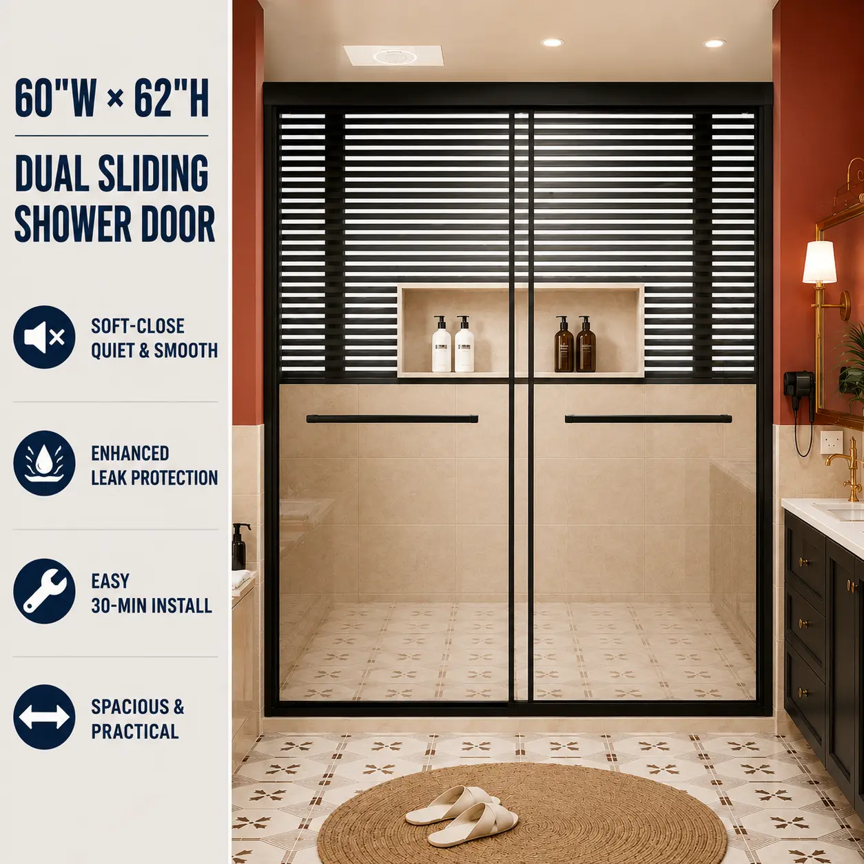 60x62" Frameless Aluminum Dual Sliding Shower Door, Soft-Close Track, Quick Install, Waterproof Metal Base