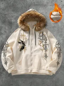 Men's Angel Print Loose Hoodie Sweatshirt, Zipper Fur Collar Pocket Design, Fall Winter Casual Warm Clothing, Durable Comfortable Outerwear