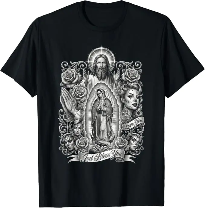 Virgin Mary Rosary Religious Art Unisex T-Shirt, Catholic Faith Graphic Tee, Soft Cotton Crew Neck Spiritual Religious Streetwear Top