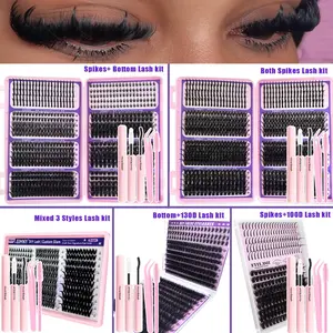 800/400/300/244Pcs Cluster Eyelash Extension Kit, Mixed Large Capacity False Eyelash with Glue, Tweezers & Brush, Spikes+Bottom+Fluffy Individual Lashes, Manga Lash Clusters, D Curl Ultra-Thick False Eyelashes, Suitable for Any Style, Diy Lash Kit