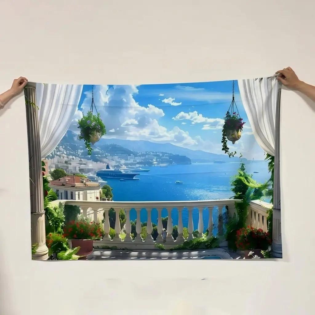 Seaside Town Landscape Pattern Backdrop, 1 Count Photography Background, Indoor Backdrops, Wall Decoration, Birthday Party Decoration, Curtains, Tablecloths, Banners, Party Decoration Supplies