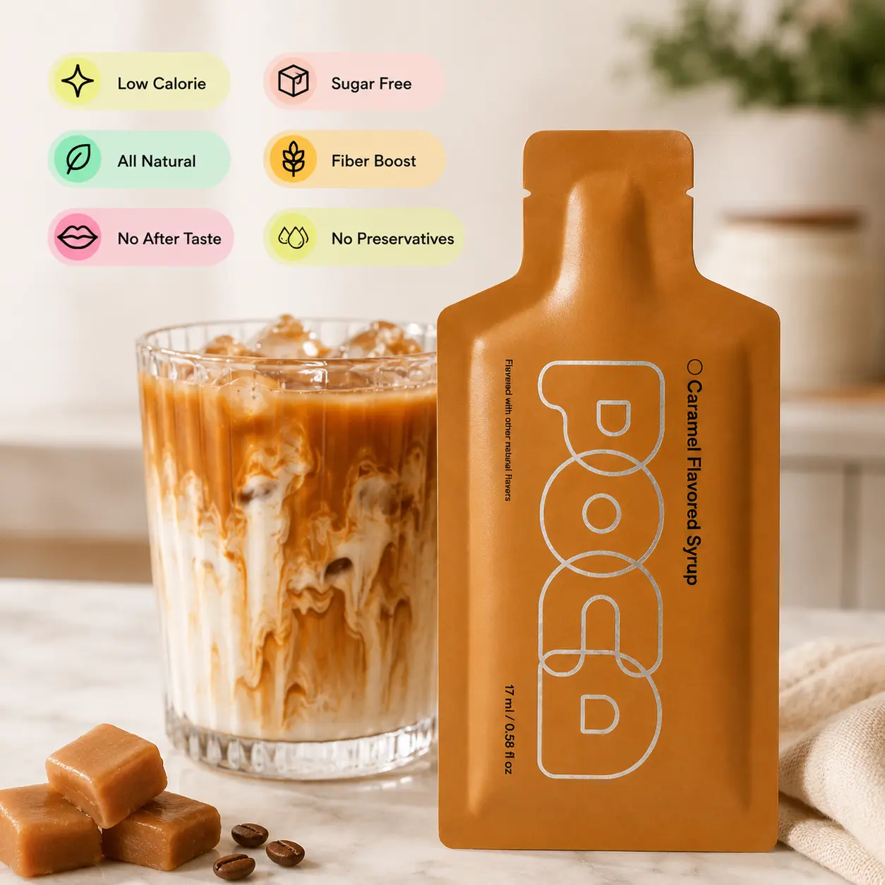 POCA Caramel Flavor Organic High Fiber Sugar-Free Coffee Syrup - Low Calories Plant-Based Squeeze Bottle Drink Flavoring Syrup for Beverages & Coffees