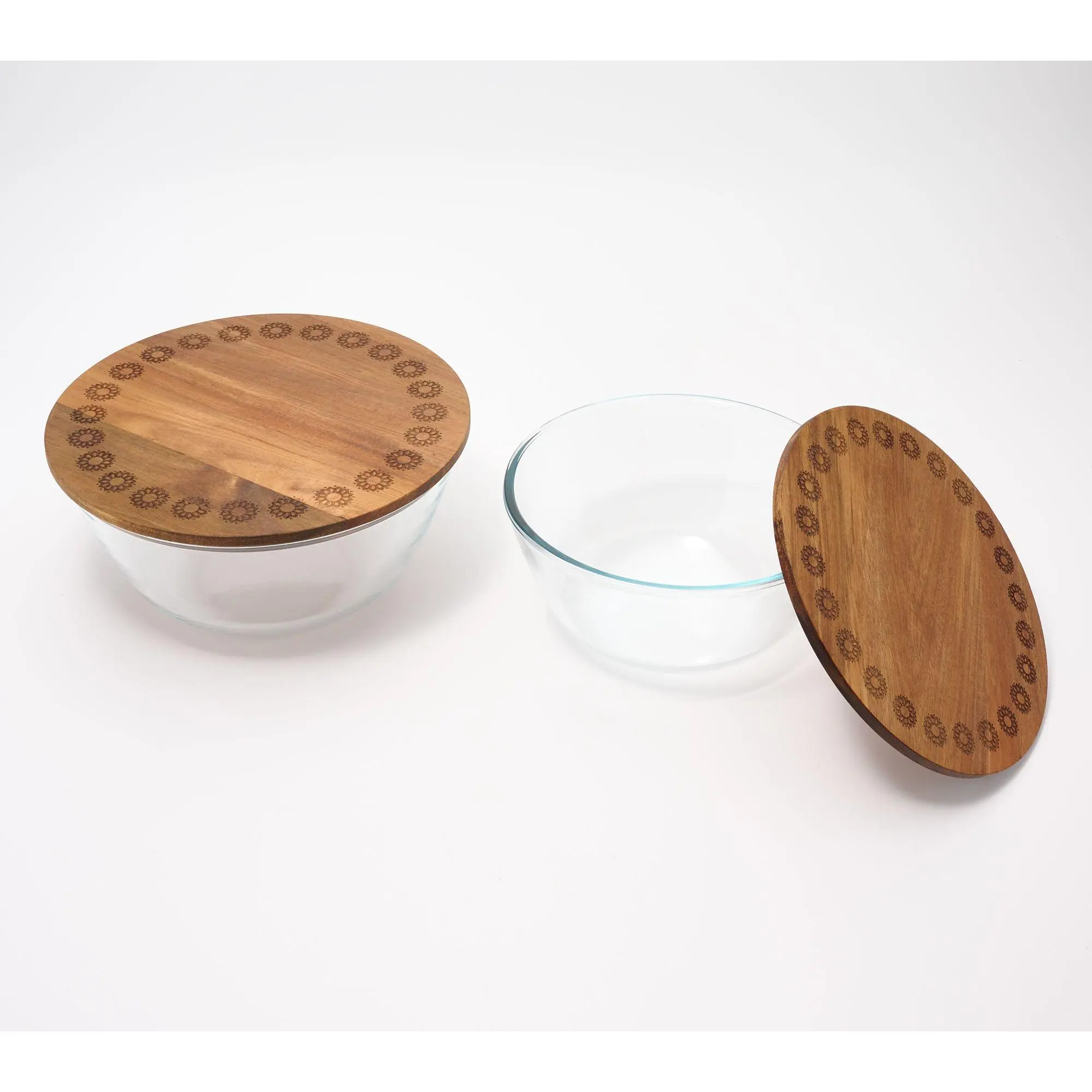Aarti Sequeira 2-Pc Nestable Glass Serving Bowls w/Etched Acacia Wood Lid Aarti Sequeira 2-Pc Nestable Glass Serving Bowls w/Etched Acacia Wood Lid