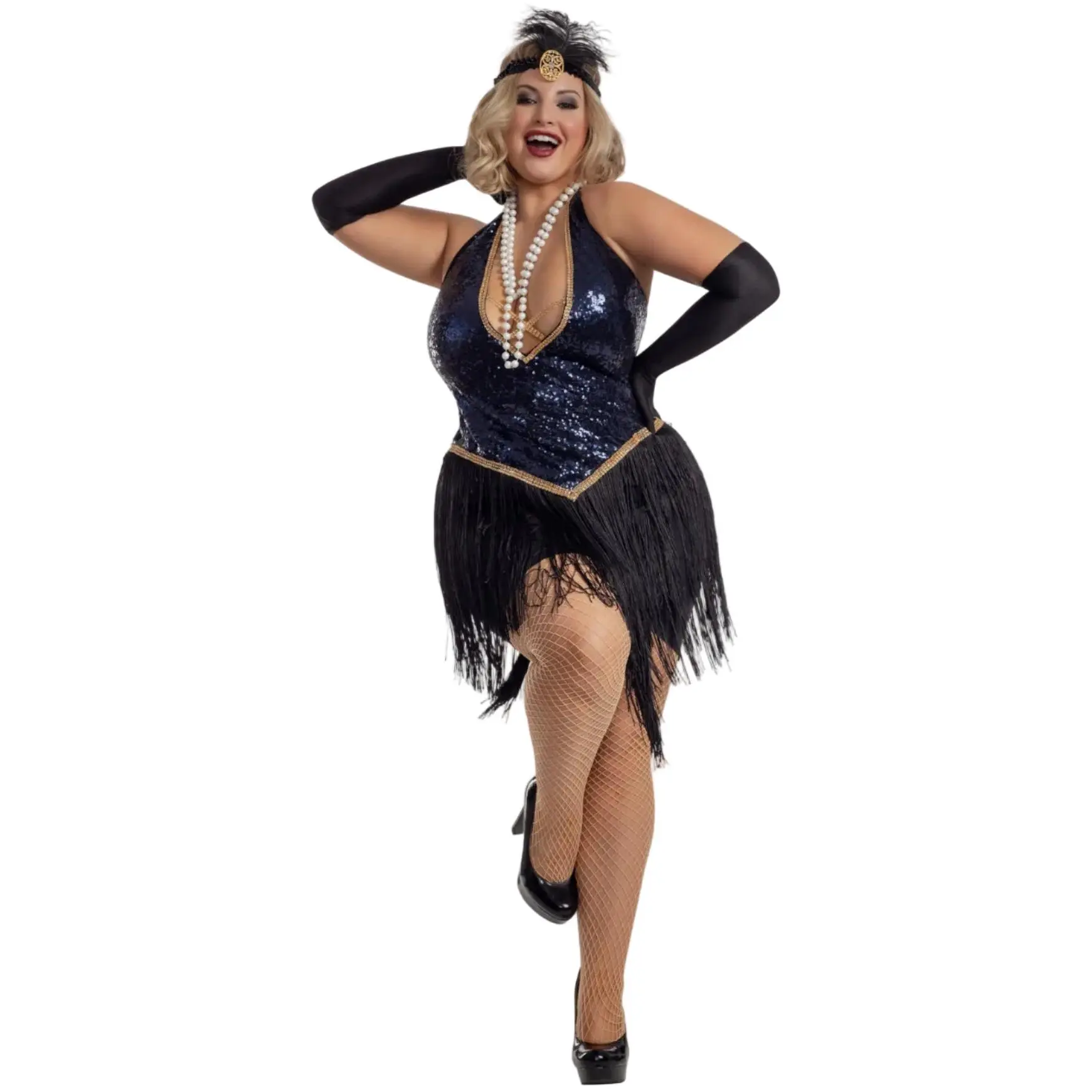 Women's Plus-Size Roaring 20s Flapper Halloween Costume - Flapper Dress, Fringed Skirt, Sequin Bodice, Sparkly Fabric