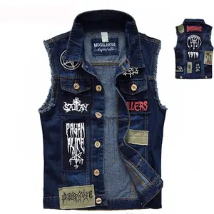 Classic Vintage Men's Jeans Vest Sleeveless Jackets Fashion Patch Designs Punk Rock Style Ripped Cowboy Frayed Vest Tanks Tops Slim Fit Pockets Menswear