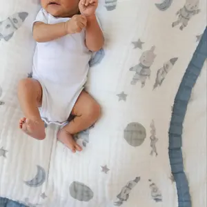 100% Muslin Cotton Baby Blanket – Hoppy Cosmic Space Bunny Print for Newborns & Toddlers