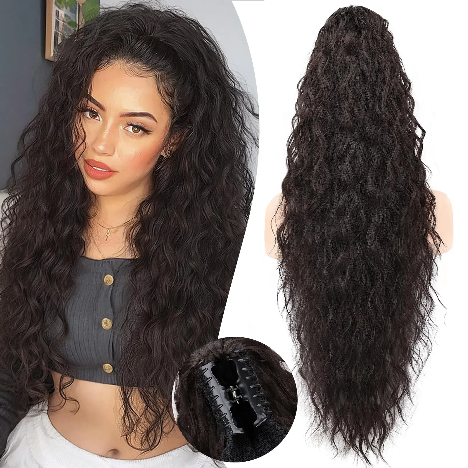 Claw Long Wavy Ponytail Extension Black Brown 30" Curly Pony Tail Clip in Hair Extensions for Women Fluffy Natural Looking Synthetic Clip Hairpiece for Daily Use