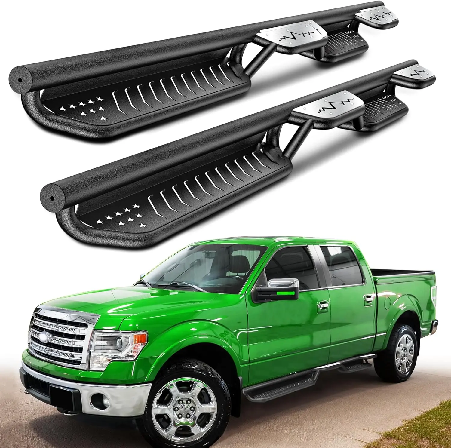 MONOKING Wheel-to-Wheel Side Steps for 2009-2014 F150, Steel Raised Running Boards with Mountain Cutouts, 550 lb Capacity