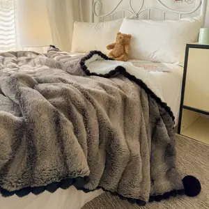 1pc Ripple Fringe Ball Blanket, Soft Breathable Rabbit Fur Back Print, Lamb Velvet Version, Travel Warm Blanket, Sofa Cover, Summer Air Conditioning Blanket, Winter Gift, Soft Throw Blanket, Cozy Blanket Throw, Stylish Blanket, Decorative Blanket