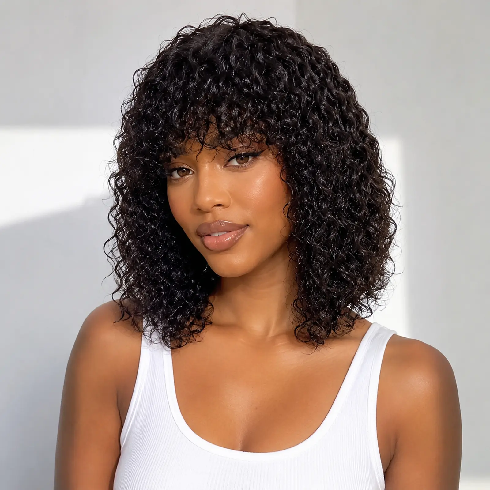 Female  Glueless No-Lace Short Kinky Curly Bob Wig with Bangs, 180% Density Brazilian Virgin Human Hair, Versatile Heat-Resistant Wear & Go Wig