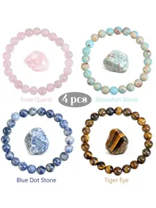 4 Pcs 8mm Natural Stone Beaded Bracelet Set, Shungite & Quartz & Tiger Eye & Blue Dot Stone, Couple Jewelry Gift for Lovers Friends, Bangles Bracelets Set