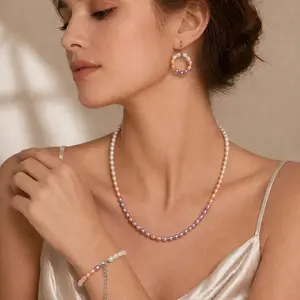 Set25-Blush of Sunset Pearl Jewelry Set-Natural Freshwater Pearl Necklace,Bracelet & Earrings,Elegant Color Gradient Design