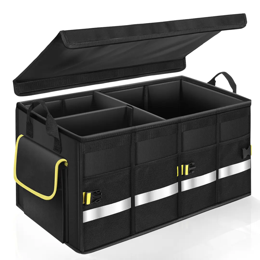 Car Trunk Organizer with Lid - 3-Compartment Collapsible Waterproof Storage Box, Heavy-Duty Oxford Vehicle Accessory with Reflective Strip, Non-Slip Bottom, 4 Mesh Pockets for Cars, Truck Accessories, Rear Cargo Organizer Stowing & Tidying