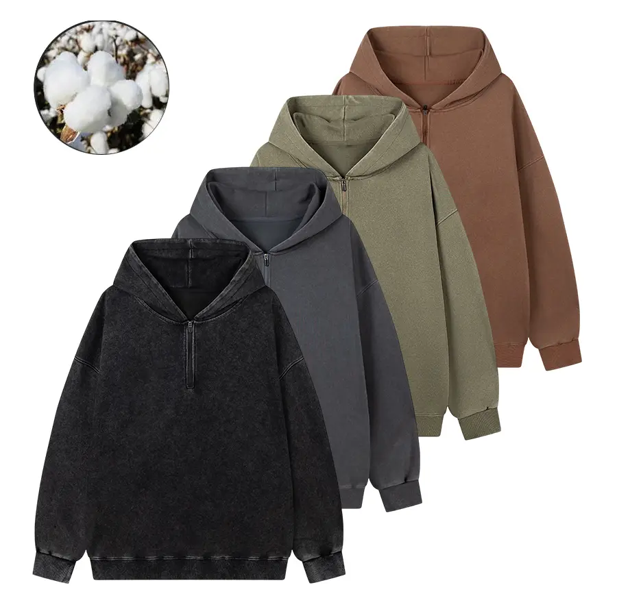Men’s hooded sweatshirt, distressed wash half-zip hoodie, relaxed drop-shoulder fit, cotton blend with a soft, plush feel, casual commuter retro street style versatile top