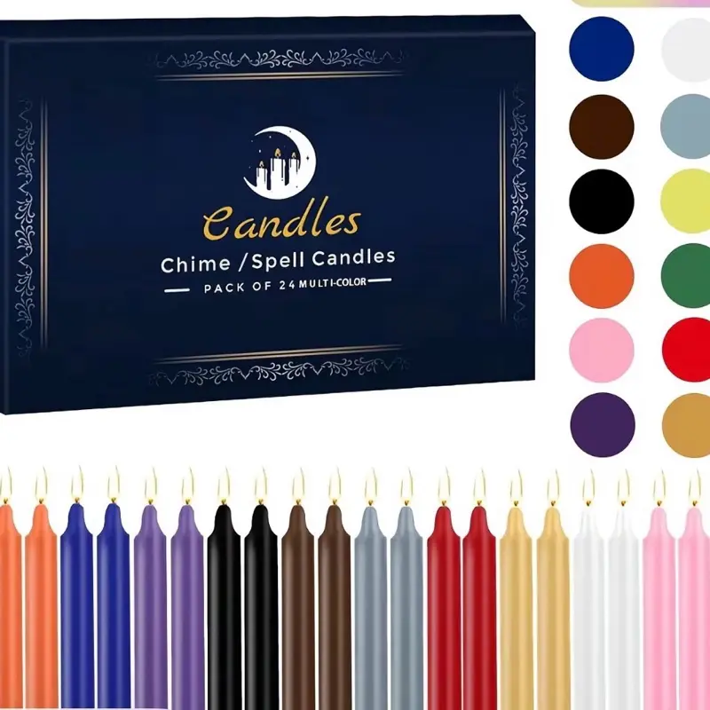 24 Pack Multicolor Spell Chime Candles -  Mini Unscented Taper Candles for Rituals, Prayer, Meditation, Altar, Spells - 4" Tall - Ideal for Witches &  Practices