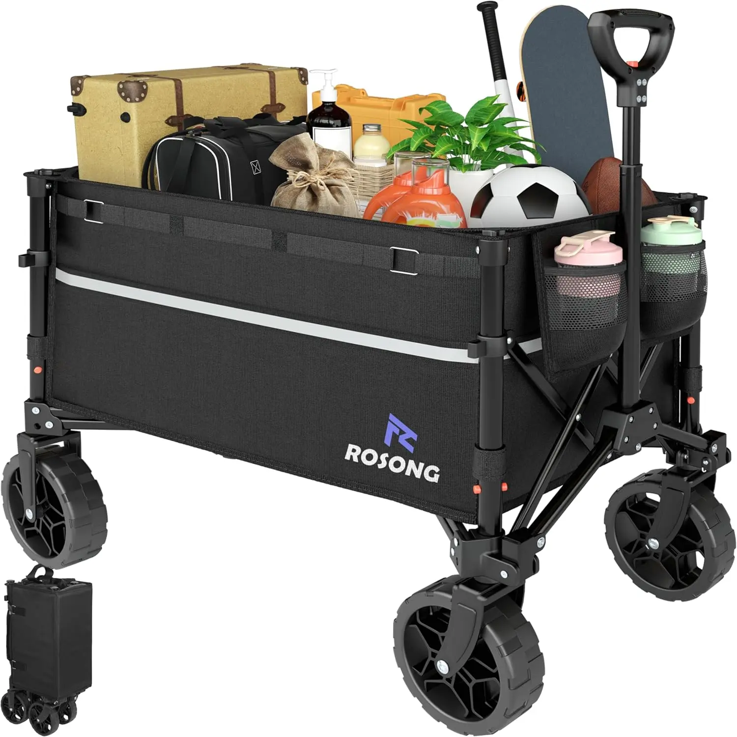 Heavy-Duty Steel Alloy Metal Collapsible Wagon Cart with Rubber Wheels - Foldable Outdoor Utility Cart for Grocery, Garden, Indoor Home Storage & Organization