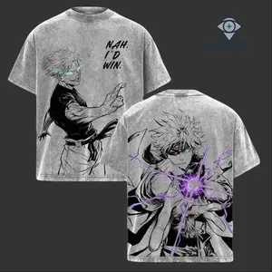 Limited-Gojo Satoru Limitless Technique Vintage Washed T-Shirt, Nah I’d Win Iconic Quote Anime Tee, Purple Infinity Energy Graphic Shirt, Oversize Streetwear Anime Tee, Jujutsu Sorcerer Power Aesthetic Design 90s