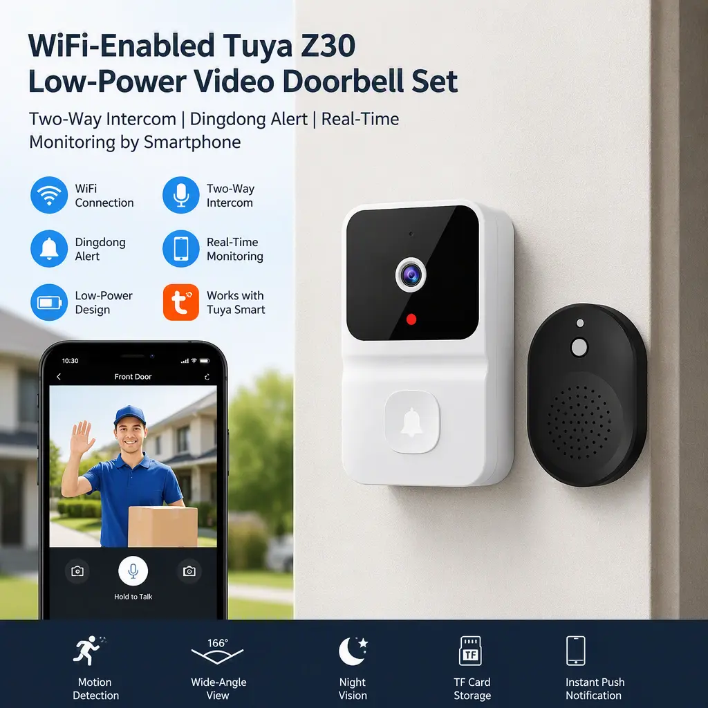 Tuya Z30 Low‑Power Smart Doorbell Intercom, WiFi Connected Video Doorbell Dingdong Kit, Remote Monitoring via Mobile Phone