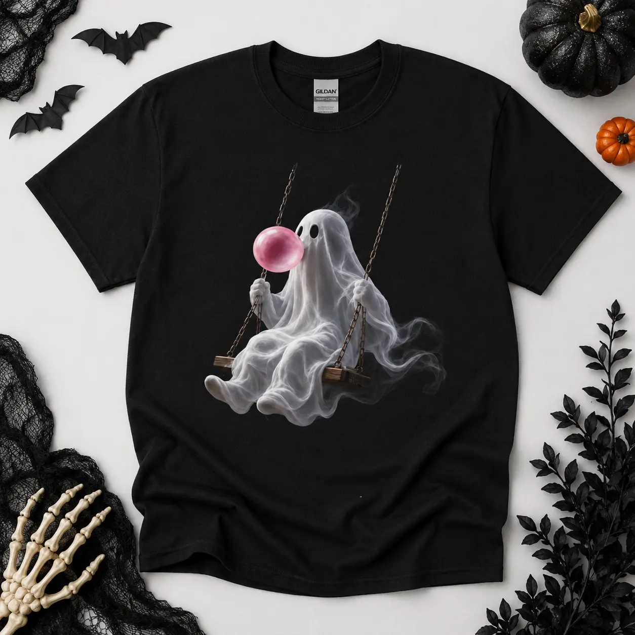bubble gum ghost shirt, halloween ghost tee, swinging ghost top, spooky season shirt, pink bubble graphic, black halloween tee, october outfit, playful ghost shirt, fall graphic top, short sleeve halloween shirt