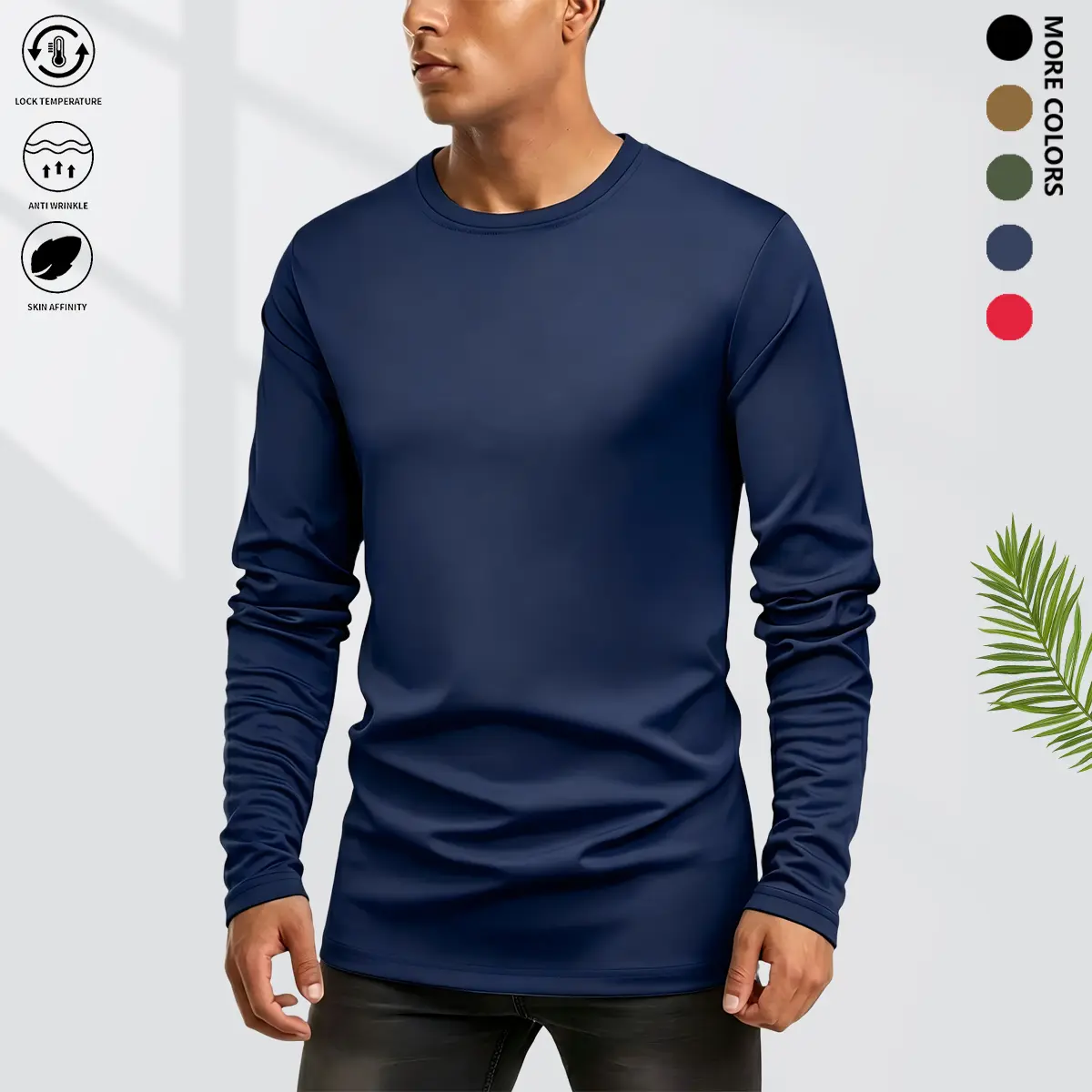 Men’s long-sleeve crew-neck shirt; men’s moisture-wicking quick-dry long-sleeve T-shirt; breathable athletic fitness T-shirt; suitable for year-round training and casual wear; soft, lightweight muscle-line fit for running workouts; available in multiple c