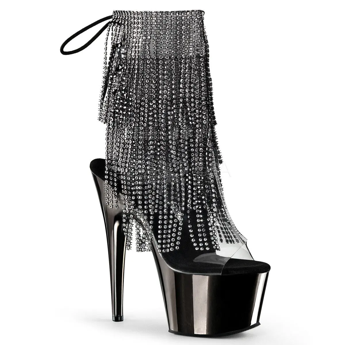 Pewter Chrome Ankle Boots for Women with Cascading Rhinestone Fringe, 7-Inch Stiletto Platform High Heel, Open Toe for Glamour Performances, Shoe, Footwear, Lace, Cascading Layers Of Rhinestone Fringe, Ankle Length, Glamorous Look, 7 In, Special Events, P