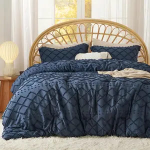 Queen Comforter - Navy Blue Comforter, Boho Tufted for, 3 Vintage Farmhouse for Seasons, Fluffy with 2 Pillow Shams