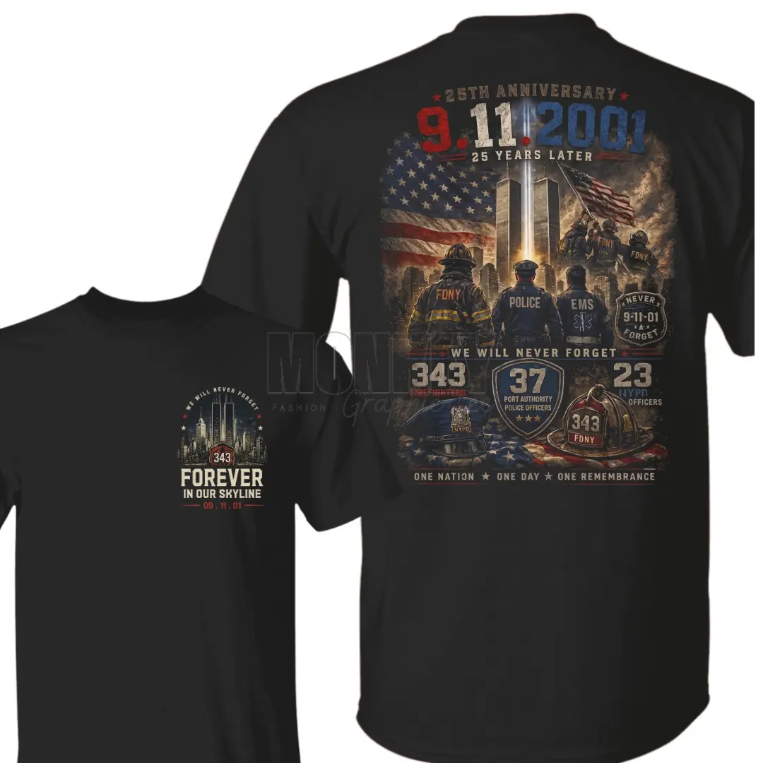 9/11 25th Anniversary Memorial Firefighter Back Side Print T-Shirt, Never Forget 9-11-2001 Tribute Tee, FDNY Police EMS Patriotic T-Shirt, Apparel Made In The USA - MonkeyGraphic Apparel Menswear