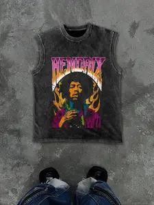 Men's Graphic Sleeveless Vest, Oversized Washed Look, Casual Fitted Streetwear, Rock Style, American Street Fashion